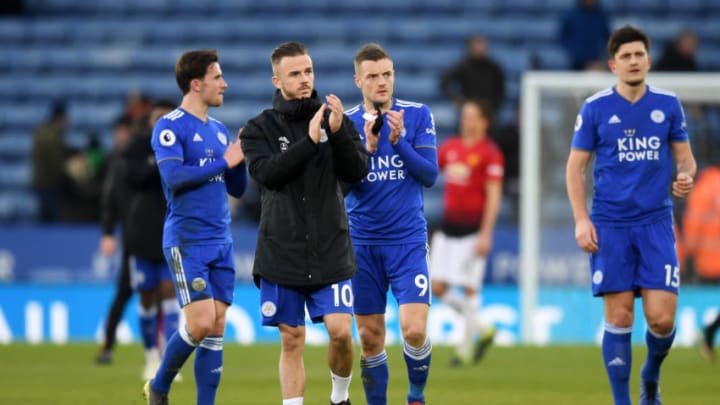 LEICESTER, ENGLAND - FEBRUARY 03: James Maddison (L) and Jamie Vardy of Leicester City applauds fans following defeat in the Premier League match between Leicester City and Manchester United at The King Power Stadium on February 3, 2019 in Leicester, United Kingdom. (Photo by Michael Regan/Getty Images)