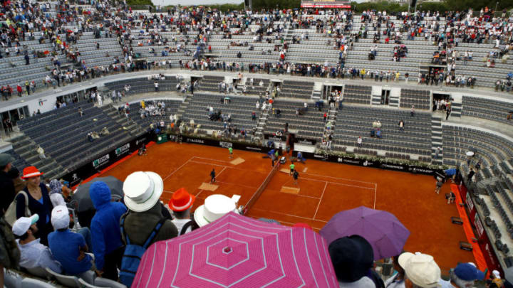 ROME, ITALY - MAY 20: General view of the court as the groundsmen care for the court during the Mens Singles final match between Rafael Nadal and Alexander Zverev on Day Eight of the The Internazionali BNL d'Italia 2018 at Foro Italico on May 20, 2018 in Rome, Italy. (Photo by Julian Finney/Getty Images)