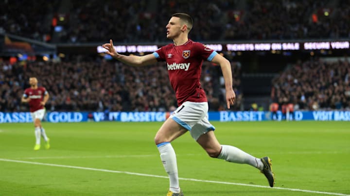 LONDON, ENGLAND - MARCH 02: Declan Rice of West Ham United celebrates after scoring his team's first goal during the Premier League match between West Ham United and Newcastle United at London Stadium on March 02, 2019 in London, United Kingdom. (Photo by Stephen Pond/Getty Images)