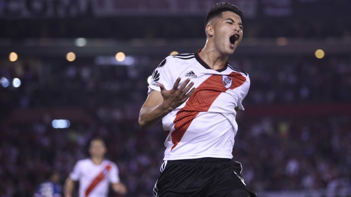 BUENOS AIRES, ARGENTINA – AUGUST 29: Exequiel Palacios of River Plate celebrates after scoring the second goal of his team during a round of sixteen second leg match between River Plate and Racing Club as part of Copa CONMEBOL Libertadores at Antonio Vespucio Liberti Stadium on August 29, 2018 in Buenos Aires, Argentina. (Photo by Gustavo Garello/Jam Media/Getty Images)