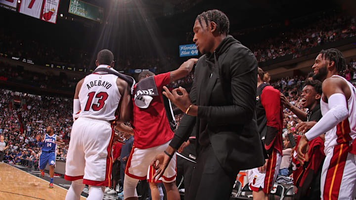 MIAMI, FL – APRIL 9: The Miami Heat celebrates during the game against the Philadelphia 76ers on April 9, 2019 at American Airlines Arena in Miami, Florida. NOTE TO USER: User expressly acknowledges and agrees that, by downloading and or using this Photograph, user is consenting to the terms and conditions of the Getty Images License Agreement. Mandatory Copyright Notice: Copyright 2019 NBAE (Photo by Issac Baldizon/NBAE via Getty Images)