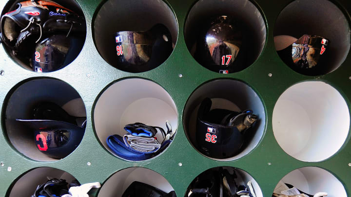 OAKLAND, CA – APRIL 20: A view of the Cleveland Indians batting helmets before their game against the Oakland Athletics at O.co Coliseum on April 20, 2012 in Oakland, California. the Indians won the game 4-3. (Photo by Thearon W. Henderson/Getty Images)