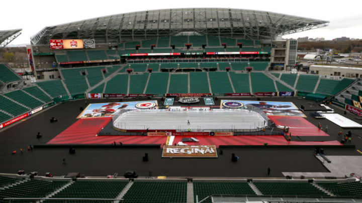 REGINA, SASKATCHEWAN - OCTOBER 24: A general view of the build out inside Mosaic Stadium as they prepare for the 2019 NHL Heritage Classic on October 24, 2019 in Regina, Canada. The Winnipeg Jets and the Calgary Flames will face-off Oct. 26th. (Photo by Jeff Vinnick/NHLI via Getty Images)