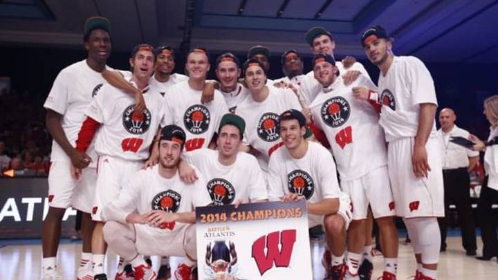 Nov 28, 2014; Paradise Island, BAHAMAS; Wisconsin Badgers players take a team photo after winning in the 2014 Battle 4 Atlantis championship game against the Oklahoma Sooners at Imperial Arena at Atlantis Resort. Mandatory Credit: Kevin Jairaj-USA TODAY Sports