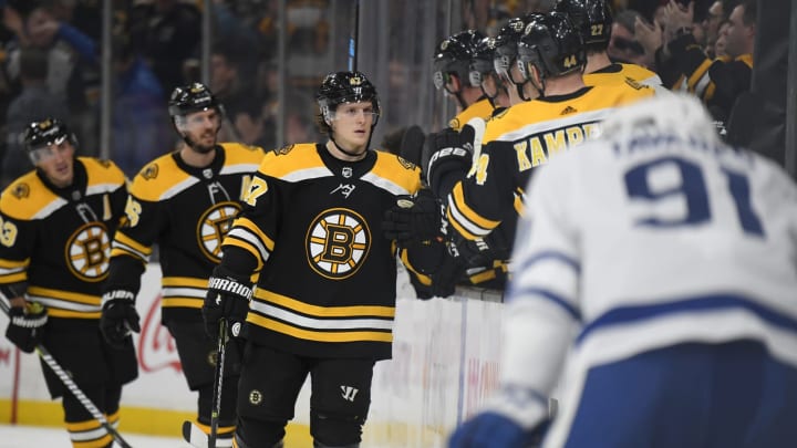 BOSTON, MA – DECEMBER 8: Tory Krug #47 of the Boston Bruins scores against the Toronto Maple Leafs at the TD Garden on December 8, 2018 in Boston, Massachusetts. (Photo by Brian Babineau/NHLI via Getty Images)
