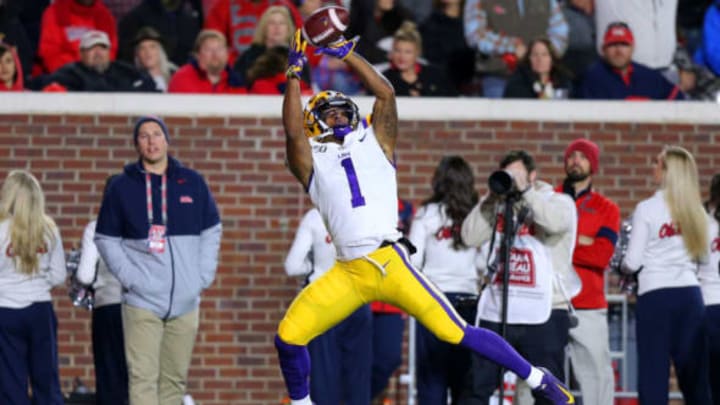 OXFORD, MISSISSIPPI – NOVEMBER 16: Ja’Marr Chase #1 of the LSU Tigers catches the ball for a touchdown during the first half of a game against the Mississippi Rebels at Vaught-Hemingway Stadium on November 16, 2019 in Oxford, Mississippi. (Photo by Jonathan Bachman/Getty Images)