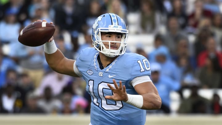 Nov 19, 2016; Chapel Hill, NC, USA; North Carolina Tar Heels quarterback Mitch Trubisky (10) looks to pass in the first quarter at Kenan Memorial Stadium. Mandatory Credit: Bob Donnan-USA TODAY Sports