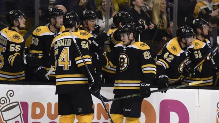 NHL Power Rankings: Boston Bruins left wing Anton Blidh (81) is congratulated after scoring a goal during the third period against the New York Islanders at TD Garden. Mandatory Credit: Bob DeChiara-USA TODAY Sports