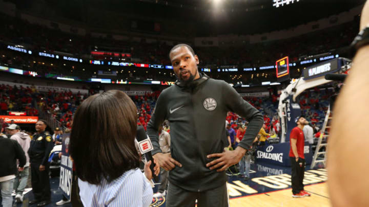 NEW ORLEANS, LA - MAY 6: Kevin Durant #35 of the Golden State Warriors talks with the media after Game Four of the Western Conference Semifinals of the 2018 NBA Playoffs against the New Orleans Pelicans on May 6, 2018 at Smoothie King Center in New Orleans, Louisiana. NOTE TO USER: User expressly acknowledges and agrees that, by downloading and or using this Photograph, user is consenting to the terms and conditions of the Getty Images License Agreement. Mandatory Copyright Notice: Copyright 2018 NBAE (Photo by Layne Murdoch/NBAE via Getty Images)