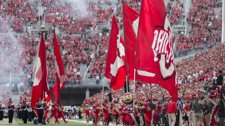 COLUMBUS, OH - OCTOBER 29: Brutus the Buckeye leads his team onto the field prior to an NCAA football game between the Northwestern Wildcats and the Ohio State Buckeyes on October 29, 2016, at Ohio Stadium in Columbus, OH. (Photo by Khris Hale/Icon Sportswire via Getty Images)