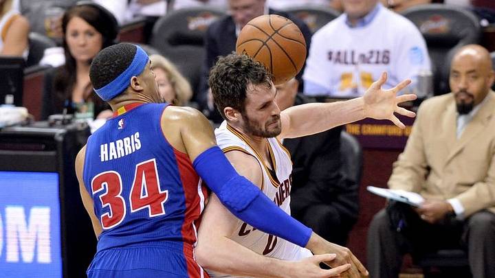 Apr 20, 2016; Cleveland, OH, USA; Detroit Pistons forward Tobias Harris (34) knocks the ball from Cleveland Cavaliers forward Kevin Love (0) during the fourth quarter in game two of the first round of the NBA Playoffs at Quicken Loans Arena. The Cavs won 107-90. Mandatory Credit: Ken Blaze-USA TODAY Sports