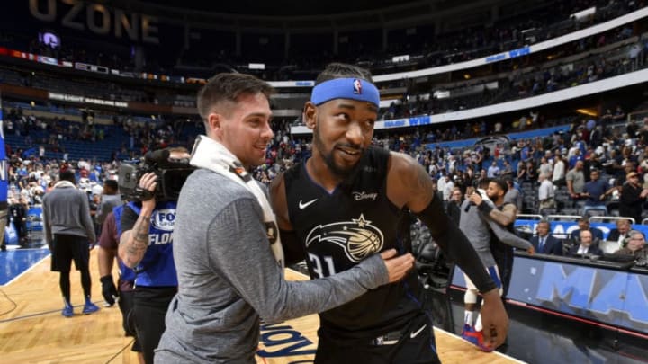 ORLANDO, FL - NOVEMBER 14: T.J. McConnell #12 of the Philadelphia 76ers and Terrence Ross #31 of the Orlando Magic talk after the game on November 14, 2018 at Amway Center in Orlando, Florida. NOTE TO USER: User expressly acknowledges and agrees that, by downloading and/or using this photograph, user is consenting to the terms and conditions of the Getty Images License Agreement. Mandatory Copyright Notice: Copyright 2018 NBAE (Photo by Fernando Medina/NBAE via Getty Images)