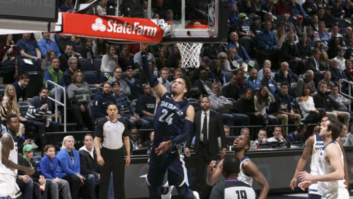 MINNEAPOLIS, MN - APRIL 9: Dillon Brooks #24 of the Memphis Grizzlies shoots the ball against the Minnesota Timberwolves on April 9, 2018 at Target Center in Minneapolis, Minnesota. NOTE TO USER: User expressly acknowledges and agrees that, by downloading and or using this Photograph, user is consenting to the terms and conditions of the Getty Images License Agreement. Mandatory Copyright Notice: Copyright 2018 NBAE (Photo by David Sherman/NBAE via Getty Images)