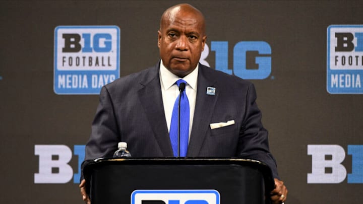 Jul 26, 2022; Indianapolis, IN, USA; Big Ten commissioner Kevin Warren talks to the media during Big 10 football media days at Lucas Oil Stadium. Mandatory Credit: Robert Goddin-USA TODAY Sports