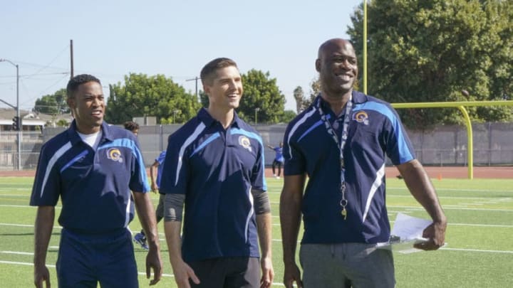THE ROOKIE - "Safety" - John and Jessica's (Sarah Shahi) relationship gets a lot more complicated after she delivers some surprising news. Meanwhile, Officer Bradford and Office West are assigned a community policing project helping out the Watts Rams as volunteer coaches at their fall clinic, along with Rams players Eric Weddle and Robert Woods, on an all-new episode of "The Rookie," airing SUNDAY, NOV. 10 (10:00-11:00 p.m. EST), on ABC. (ABC/Richard Cartwright)TITUS MAKIN JR., ERIC WINTER, KEVIN DANIELS