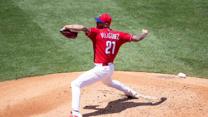 PHILADELPHIA, PA - JULY 09: Vince Velasquez #21 of the Philadelphia Phillies throws a pitch during the intrasquad game at Citizens Bank Park on July 9, 2020 in Philadelphia, Pennsylvania. (Photo by Mitchell Leff/Getty Images)