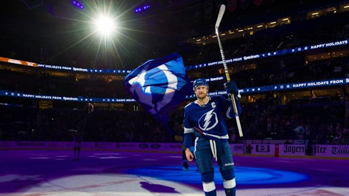 TAMPA, FL - DECEMBER 10: Steven Stamkos #91 of the Tampa Bay Lightning celebrates the win against the New York Rangers after the win at Amalie Arena on December 10, 2018 in Tampa, Florida. (Photo by Scott Audette/NHLI via Getty Images)