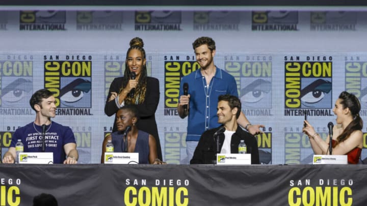 SAN DIEGO, CALIFORNIA - JULY 23: (L-R) Ethan Peck, Tawny Newsome, Celia Rose Gooding, Jack Quaid, Paul Wesley, and Christina Chong speak onstage at the Star Trek Universe Panel during 2022 Comic Con International: San Diego at San Diego Convention Center on July 23, 2022 in San Diego, California. (Photo by Kevin Winter/Getty Images)