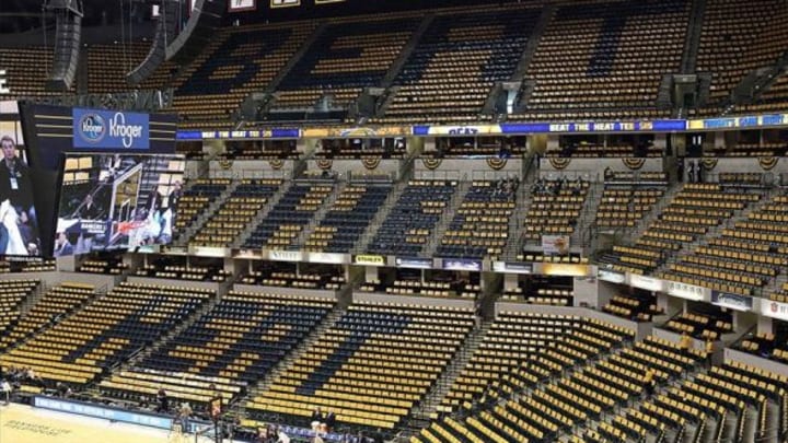 Mar 26, 2014; Indianapolis, IN, USA; A general view of a message in the seats spelling out “beat the heat” before the game between the Indiana Pacers and Miami Heat at Bankers Life Fieldhouse. Mandatory Credit: Pat Lovell-USA TODAY Sports