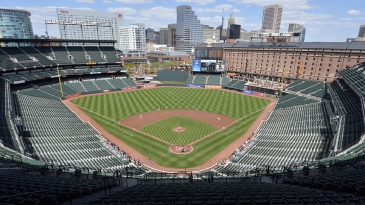 Apr 29, 2015; Baltimore, MD, USA; A general view of the Oriole Park at Camden Yards during the top of the first inning of the game between Chicago White Sox and Baltimore Orioles. Fans are not allowed to attend the game due to the current state of unrest in Baltimore. Mandatory Credit: Tommy Gilligan-USA TODAY Sports