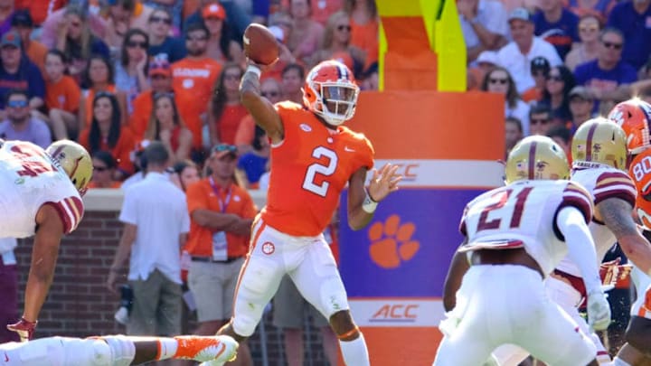 CLEMSON, SC - SEPTEMBER 23: Quarterback Kelly Bryant #2 of the Clemson Tigers attempts a pass against the Boston College Eagles at Memorial Stadium on September 23, 2017 in Clemson, South Carolina. (Photo by Todd Bennett/Getty Images)