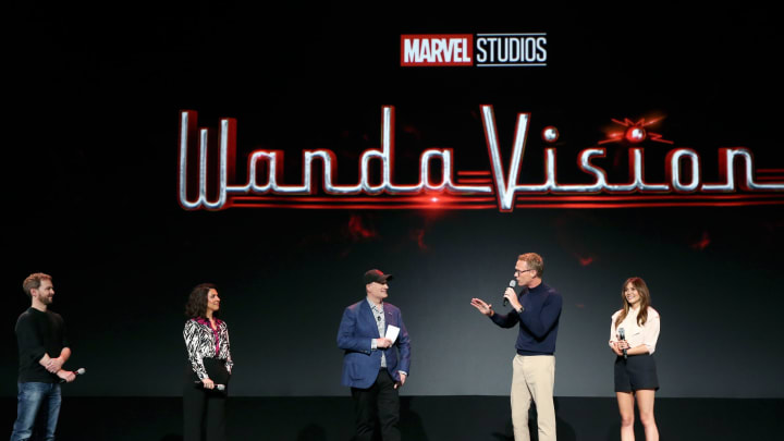 ANAHEIM, CALIFORNIA – AUGUST 23: (L-R) Director Matt Shakman and Head writer Jac Schaeffer of ‘WandaVision,’ President of Marvel Studios Kevin Feige, and Paul Bettany and Elizabeth Olsen of ‘WandaVision’ took part today in the Disney+ Showcase at Disney’s D23 EXPO 2019 in Anaheim, Calif. ‘WandaVision’ will stream exclusively on Disney+, which launches November 12. (Photo by Jesse Grant/Getty Images for Disney)