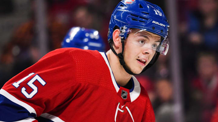 MONTREAL, QC - JANUARY 09: Look on Montreal Canadiens center Jesperi Kotkaniemi (15) at warm-up before the Edmonton Oilers versus the Montreal Canadiens game on January 09, 2020, at Bell Centre in Montreal, QC (Photo by David Kirouac/Icon Sportswire via Getty Images)