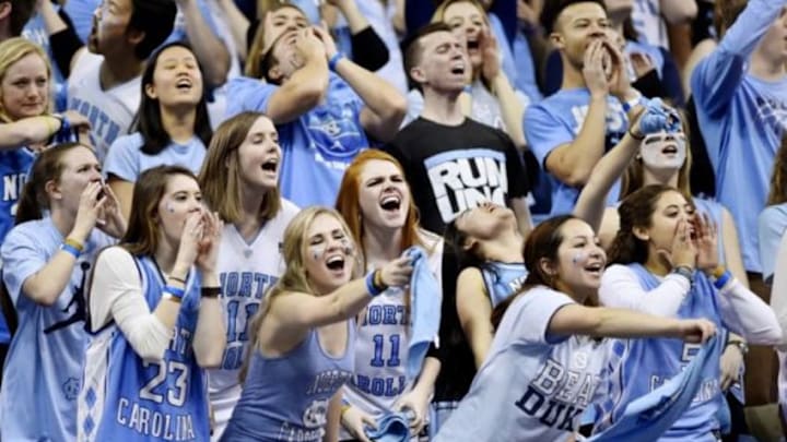 Feb 17, 2016; Chapel Hill, NC, USA; North Carolina Tar Heels fans cheer bin the first half at Dean E. Smith Center. Mandatory Credit: Bob Donnan-USA TODAY Sports