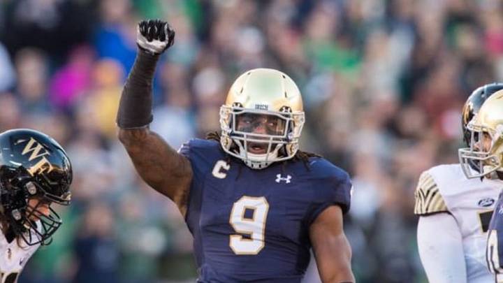 Nov 14, 2015; South Bend, IN, USA; Notre Dame Fighting Irish linebacker Jaylon Smith (9) celebrates in the second quarter against the Wake Forest Demon Deacons at Notre Dame Stadium. Notre Dame won 28-7. Mandatory Credit: Matt Cashore-USA TODAY Sports Nov 14, 2015; South Bend, IN, USA; Notre Dame Fighting Irish linebacker Jaylon Smith (9) celebrates in the second quarter against the Wake Forest Demon Deacons at Notre Dame Stadium. Notre Dame won 28-7. Mandatory Credit: Matt Cashore-USA TODAY Sports