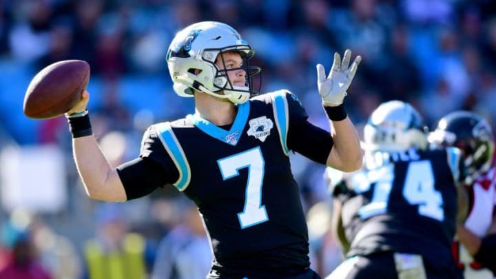 CHARLOTTE, NORTH CAROLINA - NOVEMBER 17: Kyle Allen #7 of the Carolina Panthers throws the ball during the first quarter during their game against the Atlanta Falcons at Bank of America Stadium on November 17, 2019 in Charlotte, North Carolina. (Photo by Jacob Kupferman/Getty Images)