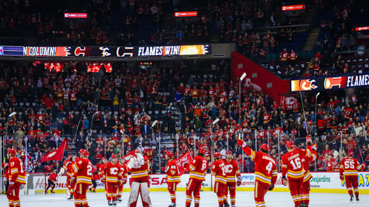 Nov 6, 2021; Calgary, Alberta, CAN; Calgary Flames celebrate win over New York Rangers at Scotiabank Saddledome. Mandatory Credit: Sergei Belski-USA TODAY Sports