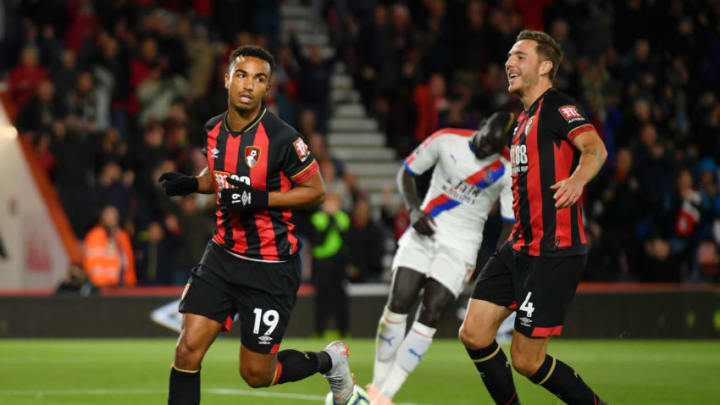 BOURNEMOUTH, ENGLAND - OCTOBER 01: Junior Stanislas of AFC Bournemouth celebrates with Dan Gosling of AFC Bournemouth after he scores his sides second goal from the penalty spot during the Premier League match between AFC Bournemouth and Crystal Palace at Vitality Stadium on October 1, 2018 in Bournemouth, United Kingdom. (Photo by Mike Hewitt/Getty Images)