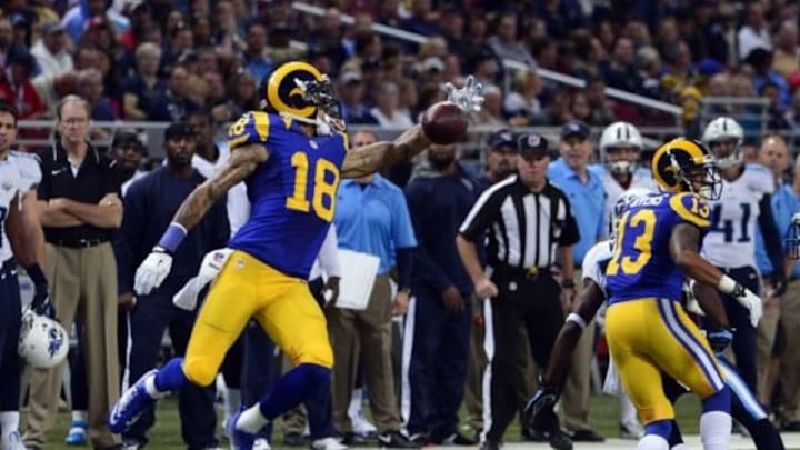 Nov 3, 2013; St. Louis, MO, USA; St. Louis Rams wide receiver Austin Pettis (18) unsuccessfully attempts a catch against the Tennessee Titans during the second half at the Edward Jones Dome. The Titans defeated the Rams 28-21. Mandatory Credit: Scott Rovak-USA TODAY Sports