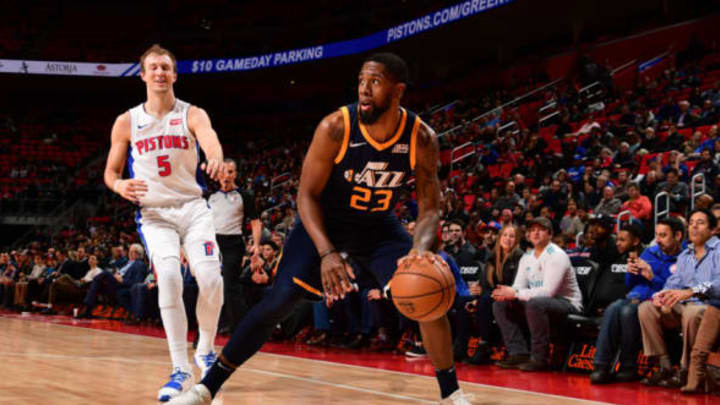 DETROIT, MI – JANUARY 24: Royce O’Neale #23 of the Utah Jazz handles the ball against the Detroit Pistons on January 24, 2018 at Little Caesars Arena in Detroit, Michigan. NOTE TO USER: User expressly acknowledges and agrees that, by downloading and/or using this photograph, User is consenting to the terms and conditions of the Getty Images License Agreement. Mandatory Copyright Notice: Copyright 2018 NBAE (Photo by Chris Schwegler/NBAE via Getty Images)