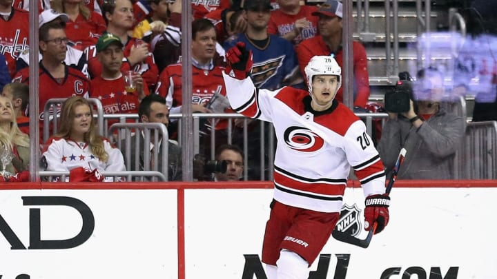WASHINGTON, DC – APRIL 24: Sebastian Aho #20 of the Carolina Hurricanes celebrates his short-handed goal at 9:51 of the second period against the Carolina Hurricanes in Game Seven of the Eastern Conference First Round during the 2019 NHL Stanley Cup Playoffs at the Capital One Arena on April 24, 2019 in Washington, DC. (Photo by Patrick Smith/Getty Images)
