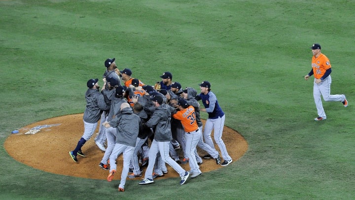 LOS ANGELES, CA – NOVEMBER 01: The Houston Astros celebrate defeating the Los Angeles Dodgers 5-1 in game seven to win the 2017 World Series at Dodger Stadium on November 1, 2017 in Los Angeles, California. (Photo by Kevork Djansezian/Getty Images)