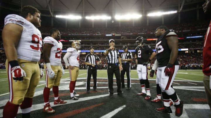 Captains of the Atlanta Falcons and the San Francisco 49ers (Photo by Michael Zagaris/San Francisco 49ers/Getty Images) *** Local Caption ***