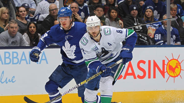 TORONTO, ON – FEBRUARY 29: Christopher Tanev #8 of the Vancouver Canucks . (Photo by Claus Andersen/Getty Images)
