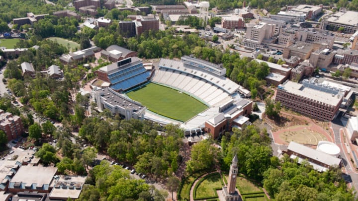 CHAPEL HILL, NC - APRIL 21: An aerial view of the University of North Carolina campus including Kenan Stadium (center), University of North Carolina Hospitals (upper right) and the Morehead-Patterson Bell Tower (bottom right) on April 21, 2013 in Chapel Hill, North Carolina. (Photo by Lance King/Getty Images)