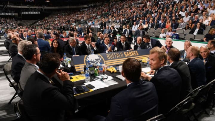 DALLAS, TX - JUNE 22: A general view of the Buffalo Sabres draft table is seen during the first round of the 2018 NHL Draft at American Airlines Center on June 22, 2018 in Dallas, Texas. (Photo by Brian Babineau/NHLI via Getty Images)