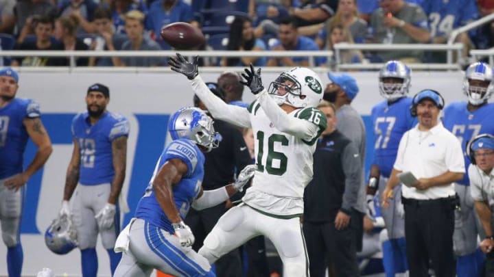 DETROIT, MI - AUGUST 19: Myles White #16 of the New York Jets makes a fourth quarter catch as Jamal Agnew #39 of the Detroit Lions defends during the fourth quarter of the preseason game on August 19, 2017 at Ford Field in Detroit, Michigan. The Lions defeated the Jest 16-6. (Photo by Leon Halip/Getty Images)