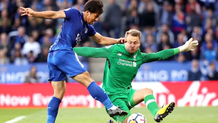 LEICESTER, ENGLAND - SEPTEMBER 23: Shinji Okazaki of Leicester City shoots on goal past Simon Mignolet of Liverpool during the Premier League match between Leicester City and Liverpool at The King Power Stadium on September 23, 2017 in Leicester, England. (Photo by Linnea Rheborg/Getty Images)