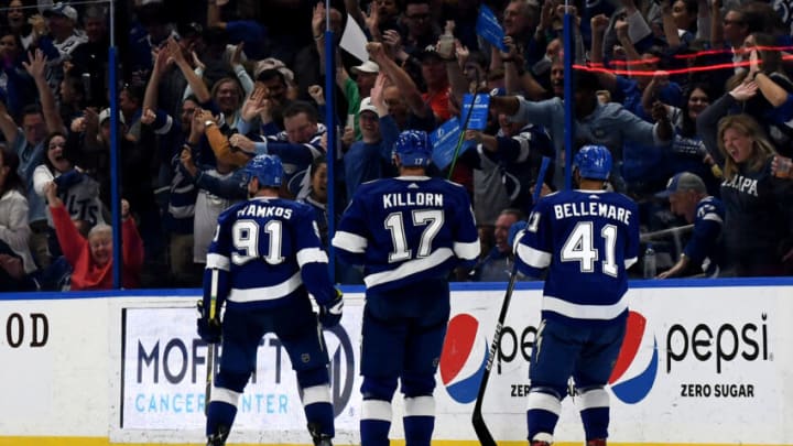 Mar 29, 2022; Tampa, Florida, USA; Tampa Bay Lightning left wing Steven Stamkos (91) celebrates after scoring the game winning goal in over time against the Carolina Hurricanes at Amalie Arena. Mandatory Credit: Jonathan Dyer-USA TODAY Sports