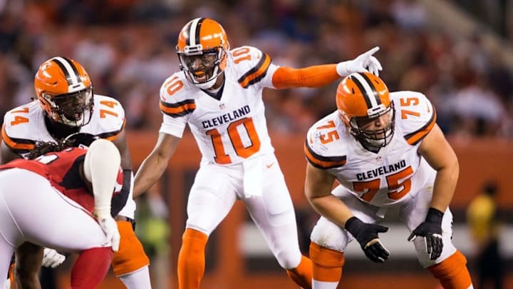 Aug 18, 2016; Cleveland, OH, USA; Cleveland Browns quarterback Robert Griffin III (10) calls out a play at the line of scrimmage during the second quarter against the Atlanta Falcons at FirstEnergy Stadium. Mandatory Credit: Scott R. Galvin-USA TODAY Sports