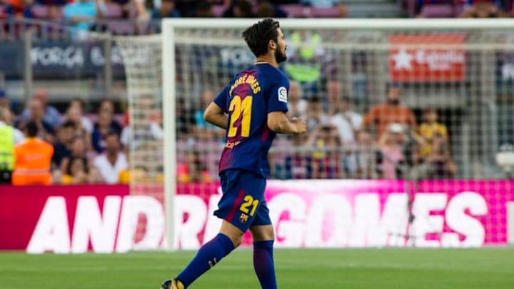 Barcelona's Portuguese midfielder Andre Gomes reacts during the team presentation after the Joan Gamper trophy match between FC Barcelona vs Chapecoense at Camp Nou Stadium on August 7th, 2017 in Barcelona, Spain. (Photo by Xavier Bonilla/NurPhoto via Getty Images)