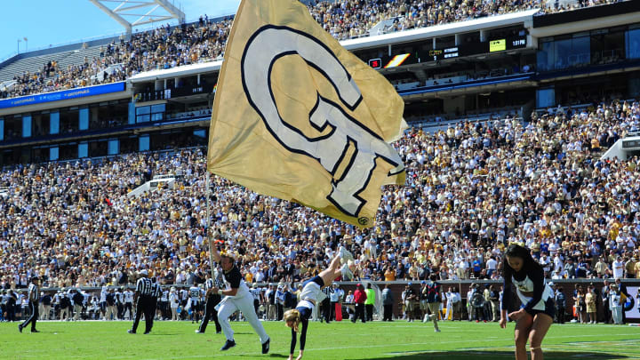 ATLANTA, GA – OCTOBER 13: Georgia Tech Yellow Jackets Cheerleaders celebrate after a touchdown against the Duke Blue Devils on October 13, 2018 in Atlanta, Georgia. (Photo by Scott Cunningham/Getty Images)