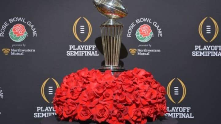 Dec 29, 2014; Los Angeles, CA, USA; General view of the Leishman trophy at media day for the 2015 Rose Bowl at the L.A. Hotel Downtown. Mandatory Credit: Kirby Lee-USA TODAY Sports