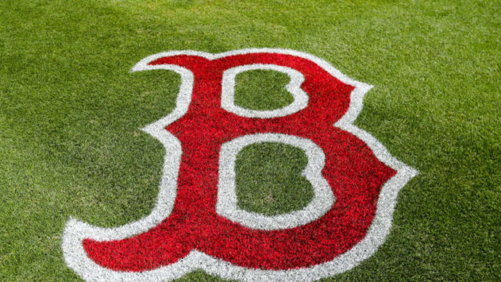 FORT MYERS, FLORIDA - FEBRUARY 27: A detailed view of the Boston Red Sox logo on the field at JetBlue Park at Fenway South on February 27, 2023 in Fort Myers, Florida. (Photo by Megan Briggs/Getty Images)