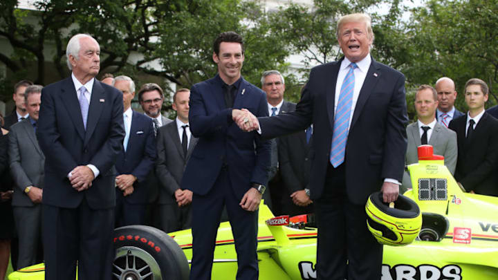 WASHINGTON, DC - JUNE 10: U.S. President Donald Trump stands with Indianapolis 500 winning driver, Simon Pagenaud (C) and Team Penske owner, Roger Penske (L) during a ceremony to honor the driver at the White House on June 10, 2019 in Washington, DC. Pagenaud is the first French driver to win the Indy 500 in more than a century. (Photo by Mark Wilson/Getty Images)