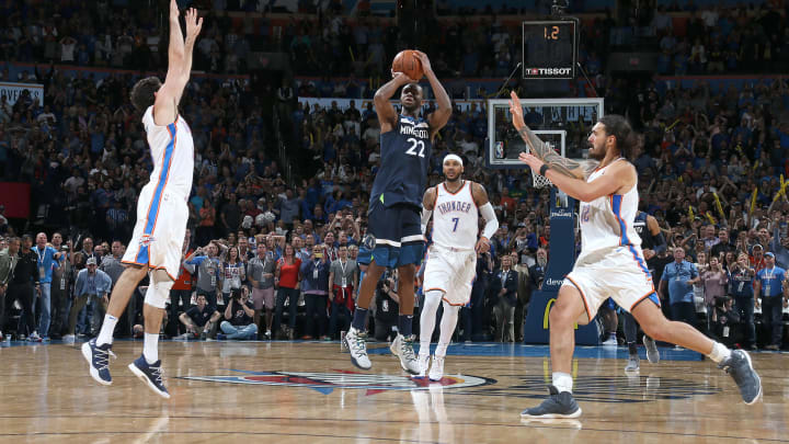 OKLAHOMA CITY, OK – OCTOBER 22: Andrew Wiggins #22 of the Minnesota Timberwolves shoots the winning shot during the game against the OKC Thunder on October 22, 2017 at Chesapeake Energy Arena in Oklahoma City, Oklahoma. Copyright 2017 NBAE (Photo by Layne Murdoch/NBAE via Getty Images)